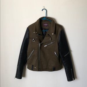 Olive green and leather sleeve biker jacket